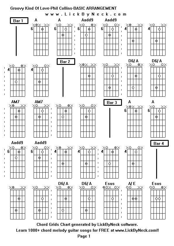 Chord Grids Chart of chord melody fingerstyle guitar song-Groovy Kind Of Love-Phil Collins-BASIC ARRANGEMENT,generated by LickByNeck software.
